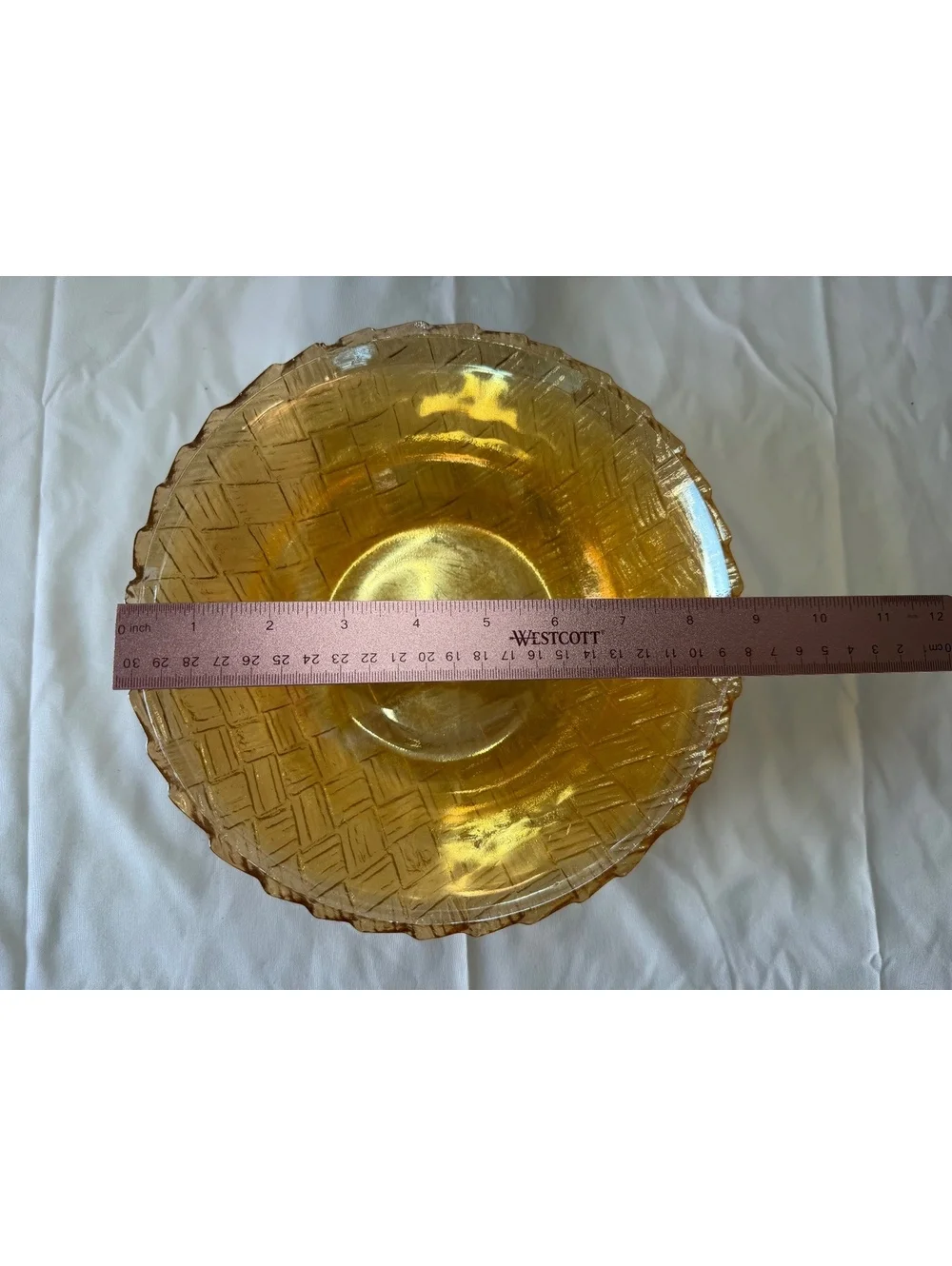 Imperial Basketweave Amber Carnival Glass 8” Serving Bowl Iridescent Vintage